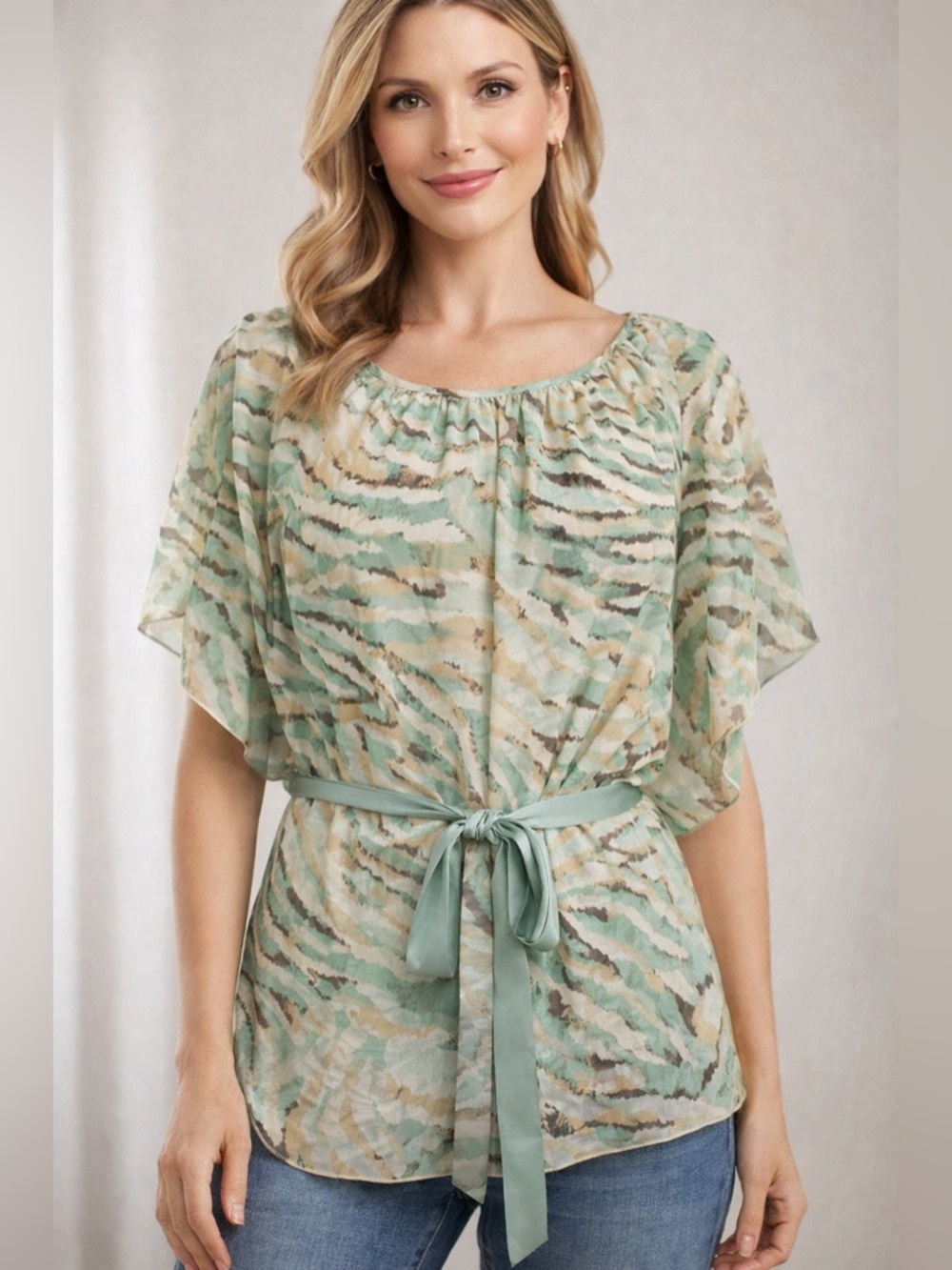 Rafaella Studio Sheer Tie Waist Blouse Green Tan Animal Print Flowy Top Size L